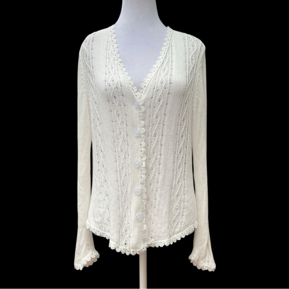 Romantic White Lace Knit Button Cardigan Cottagecore Feminine M - Picture 2 of 8